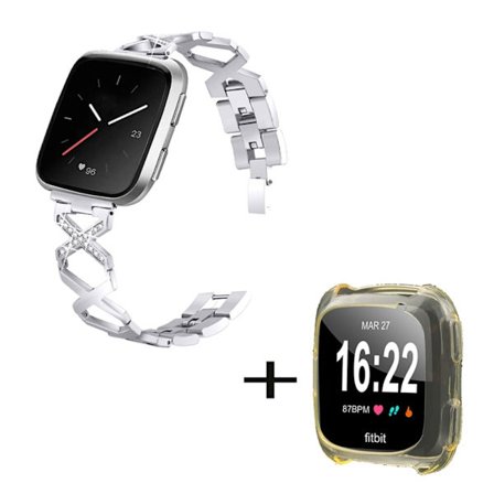 Fitbit Versa 2 / Lite klockarmband i rostfritt stål med strassdekor och klart gult hölje - Silver