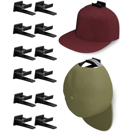 Klæbehattehylde Display Kroge til Væg Dør (12 Pakke) Baseball Cap Holder, Skab Opbevaringsarrangør, Stærk Kasketbøjle til Værelse Mancave, Ingen Dri