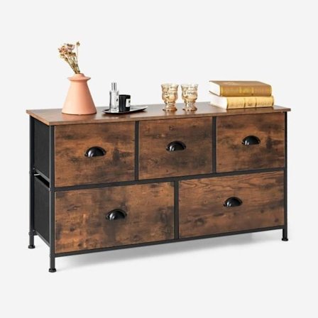 COSTWAY Tyg byrå med 5 icke-vävda lådor, 100 x 30 x 54 cm Förvaringsskåp, metallstomme, skåp, vardagsrum, sovrum