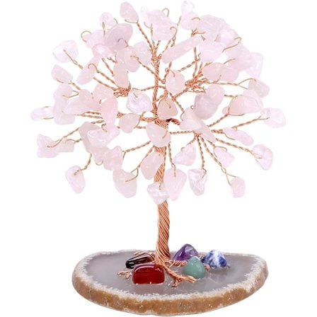 Livets tre natursten, 9-10 cm (rosa) krystalltre perfekt krystalltre ornament gave til chakra reiki gave hjemmekontor borddekorasjon gave ornament 