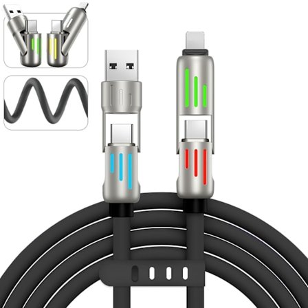 240W 4-i-1 USB-C-kabel, Multiladdare med Andningsljus, PD 5A Multi Snabbladdning & Datasynkronisering Silikon Kompatibel iPhone Samsung Laptop