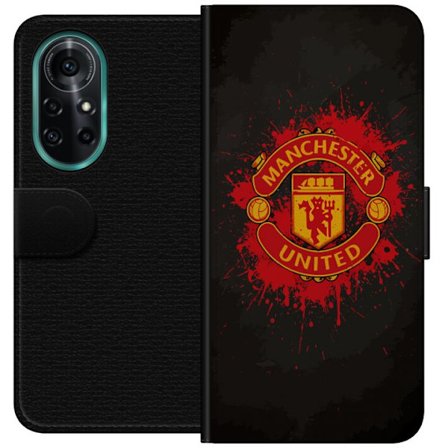Kompatibelt Lommeboketui til Huawei Huawei nova 8 Pro Manchester United logo i rød og gul farge med røff sportslig bakgrunn