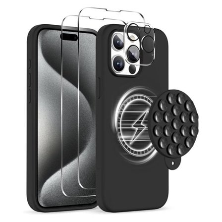 Skal med Magsafe och sugpropp + Skärm- och linsskydd till iPhone 15 Pro Max - Svart