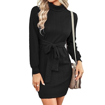 Stickade klänningar dam polokrage avslappnad långärmad tunn miniklänning