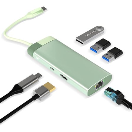 USB C Hubb, 6 i 1 USB C Adapter med RJ45 Gigabit Ethernet, 3 USB 3.0 Portar, 4K HDMI och 100W PD, Grön
