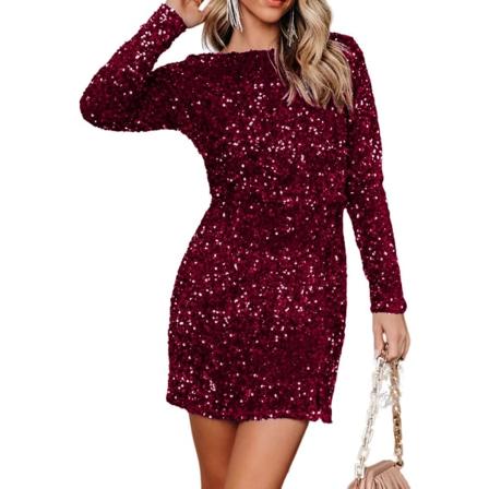 ivimos Dam Sequin Bodycon Klänning Höst Vinter Långärmad Rund Hals Sexig Rygglös Glitter Slit Mini Klänning Winered Liten