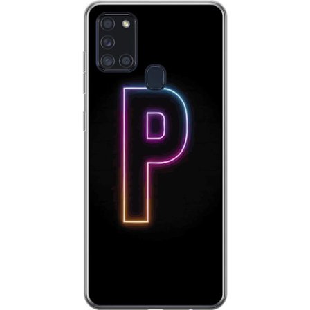 Kompatibel Mobilcover til Samsung Samsung Galaxy A21s Minimalistisk neonbogstav P i farvegradient og lyseffekt mod sort baggrund i digital neonstil