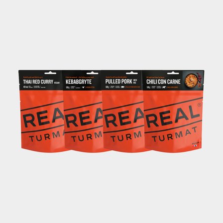Confezione grande cibo liofilizzato / cibo da campeggio Real Turmat, senza glutine, 4-pack, 1940 grammi