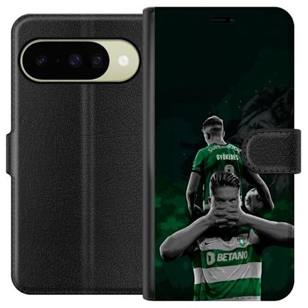 Yhteensopiva Lompakkokotelo Google Pixel 10 Neonmotiivi, jossa teksti "Gaming is in my DNA" sinisenä ja punaisena tiiliseinällä, jossa loistava DNA-sp