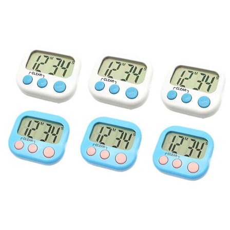 6-pack digital timer - små timers för barn, magnetisk baksida, stor LCD-skärm, högt alarm, minut sekund räkna upp nedräkning, på/av-knapp (3 blå & 3