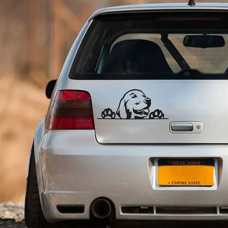 Bildekal med glad hund i PET-material och vattentålig design