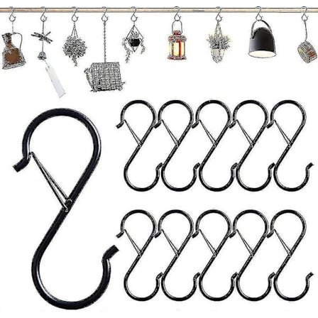 10 kpl S-koukkuja ripustukseen, mustat S-koukut, tukevat metallikoukut turvalukolla