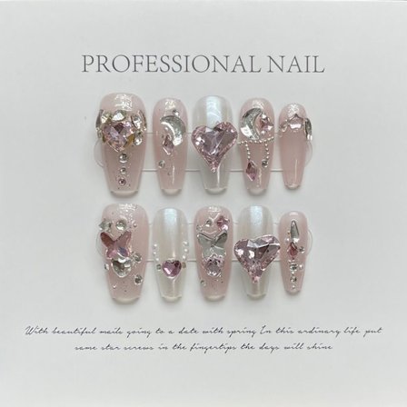 Pure Manual False Nail Pink Love Diamond Handmade Nails XSLONG