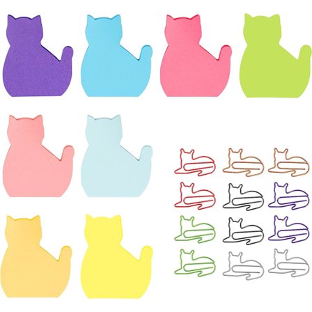 240 ark(8 puder) Cat Sticky Notes, kreativt kat formet brevpapir sæt Sticky Notes med 12 stk tilfældig farve sød kat papirclips
