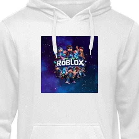 Barnehettegenser Roblox gamingsdesign med avatarer på galaksebakgrunn i blå og lilla toner, en populær Roblox-stil for spillere og eventyrlystne.