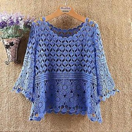 Vår og sommer strikket heklet ensfarget hul jakke ny mote løs rund hals fem-punkts erme håndlaget topp dame (L blå)