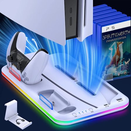 PS5-stativ med kjølestasjon og kontrollerladestasjon, PS5-tilbehør - Kjølevifte, RGB LED, hodetelefonholder, 6 PS5-spillspor