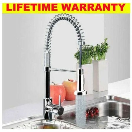 Köksblandare i borstat nickel med utdragbar spray, handfat med en spak, nedfällbar fjäderköksblandare