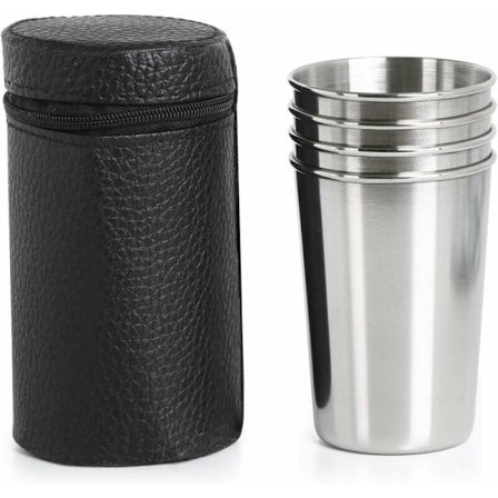 Sæt med 4 små kompakte rustfri rejsekrus med kunstlæderetui