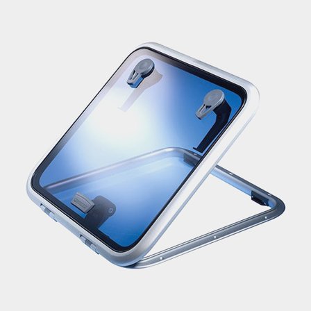 Kansiluukku Lewmar Low Profile 03, kitkaliitoksella, 180°, 176 x 231 mm (asennusaukko), 246 x 301 mm (ulkokoko), hopea/harmaa