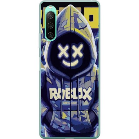 Kompatibelt Mobildeksel til Sony Sony Xperia 10 IV Blågul Roblox hettegenserfigur med minimalistisk neonstil og masket ansikt, moderne spillillustras