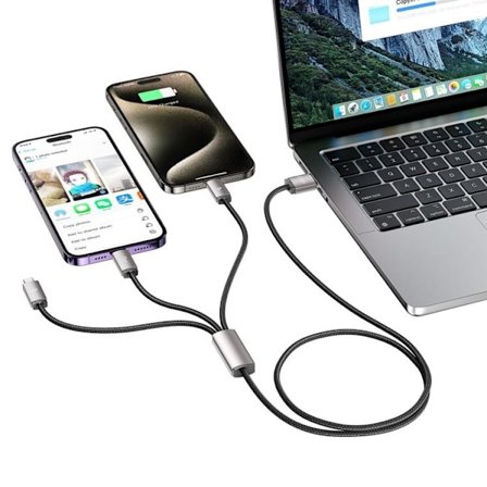Tech-Protect 3in1 USB-A Till Lightning/Type-C/Micro-USB Kabel 1m - Grå