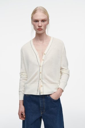 COS Women's Merino Wool-Linen Blend V-Neck Cardigan in White