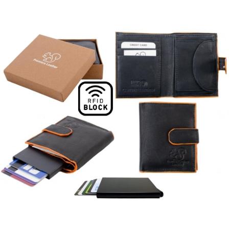 Äkta Läder Plånbok o Smart Korthållare .100% RFID Skydd.SVART+ORANGE Svart och Orange