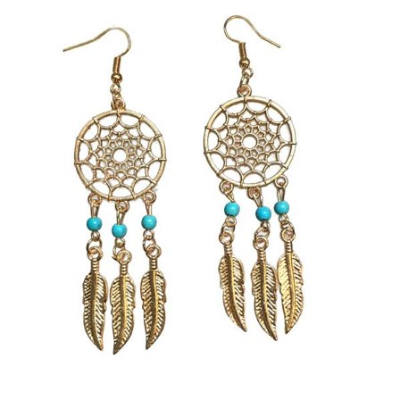 Earrings - Dreamcatcher - Turquoise - Howlite - Feathers - Gold