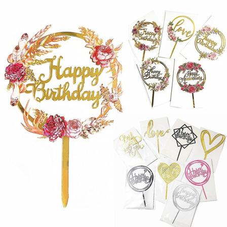 Populær kagepynt - Glad fødselsdag jubilæum fest guld sølv kageindsats akryl kagedekoration bryllupskage dessert dekoration Style 1