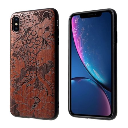 iPhone Xs Max hybrid etui i udskåret træ - Fisk Og Lotus