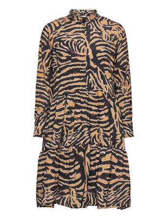Printed Dress With Classic Collar Stand And Frill Detail. I Brown Second Female
