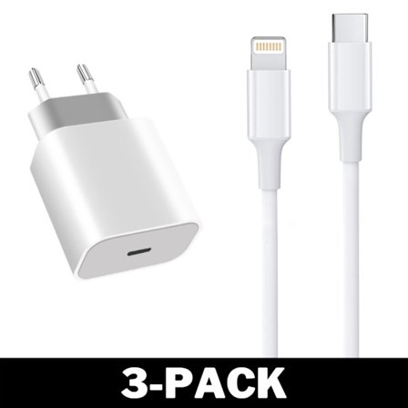 Väggladdare USB-C PD 20W + 2M Lightning Kabel iPhone Vit