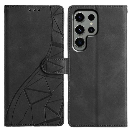 Kompatibel med Samsung Galaxy S25 Ultra Deksel Lommebok Stativ Trykket Triangelmønster Lær Telefon Flipdeksel Flerfarget Svart-Glad