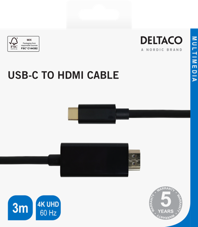 Deltaco USB-C - HDMI cable, 4K UHD, gold plated, 3m, black