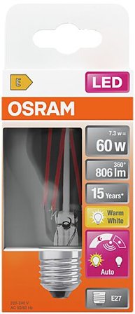 OSRAM LED lyspære Classic A60 7,3W 2700K daylight sensor klar E27