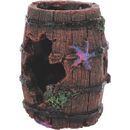 Akvariedekoration i harts, akvarieprydnad, konstgjord grotta, trasig tunna, grottlandskap, dekoration för räkor och fiskar