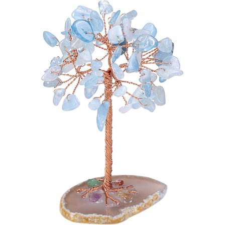 Naturlig Akvamarin Healing Krystal Træ på Agat Skive Base Heal