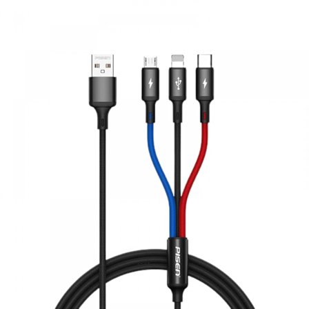 Multi-opladningskabel, multi-opladerkabel nylon flettet 3 i 1 opladningskabel multi USB-kabel hurtigopladningsledning med Type-C, Micro USB og IP-port