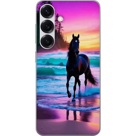 Kompatibelt Mobildeksel til Samsung Galaxy S25 Svart hest på stranden ved solnedgang med fargerik himmel, drømmeaktig naturillustrasjon for plakater o
