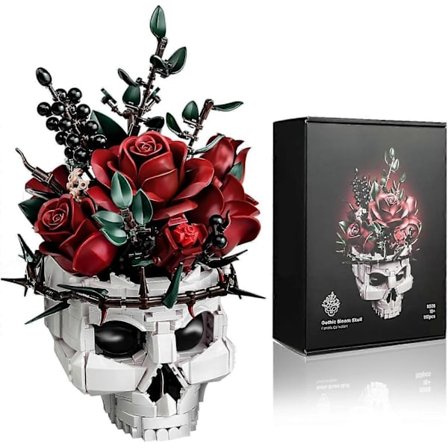 Skull Rose Bukett Byggsats för Vuxna - Halloween Gotisk Skräck Skelett Kruka Heminredning - Konstgjord Blomma Botanisk Samling - Perfekt