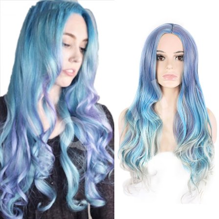 Kaunis keskiaalto lolita pitkät kiharat hiukset (sininen harmaa gradientti