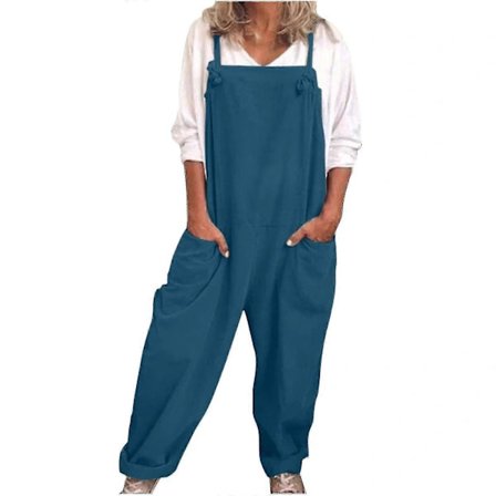 Dame Overall Casual Løs Hængekselebukser Romper Baggy Playsuit Bomuld Og Linned Jumpsuit Blå XXXXXL