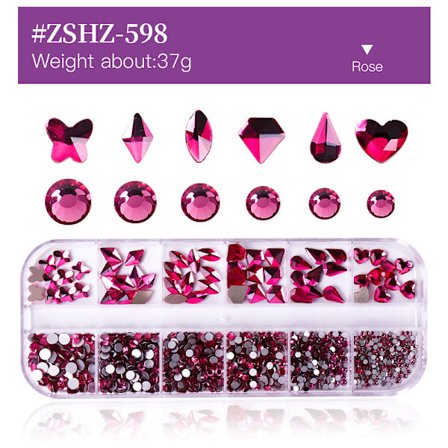 (Rosa) 12 Kristallstenar Set för Nail Art - Nail Art, Kristall Strass Nail Art, Blandade Storlekar, Diamant Nagel Dekoration Blanka Färgade Kristaller