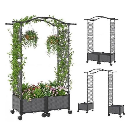 Udendørs Blomsterkasse med Trellis COSTWAY, til Klatreplanter, Låselige Hjul, Tag, Automatisk Vanding, Grå
