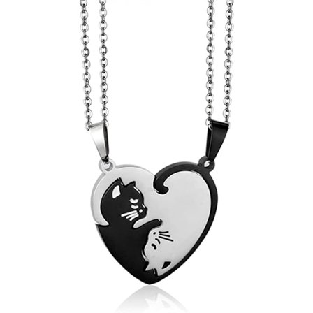 AVEKI Par Halskæde med Hjerte eller Kat til Par eller BFF Bedste Veninder, 316L Rustfrit Stål, 1-Sort og Sølv