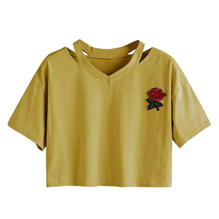 Kvinnor V\-hals Broderad Rose Kort T\-shirt Dam Top Girls
