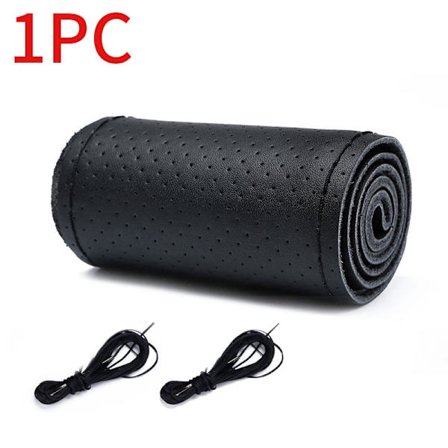 (Stil 2 Svart) Premium Äkta Läder Rattkåpa 37CM-38CM Anti-Slip Flätad Kåpa för Ratt Nappa Läder Ratt Skydd