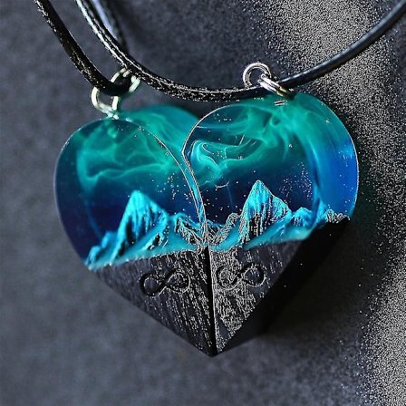 Hjärthänge i trä och harts med bergsmotiv, parhalsband för födelsedag och alla hjärtans dag