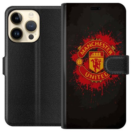 Kompatibelt Lommeboketui til Apple Apple iPhone 14 Pro Manchester United logo i rød og gul farge med røff sportslig bakgrunn